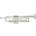 Intermediate Trumpet; key of Bb; silver-plated; .459" bore; 4-7/8" gold brass bell; monel alloy pistons; 1st valve slide thumbhook and 3rd valve slide ring; main tuning slide brace; TRC-400E case; 11B4 mouthpiece; China