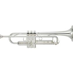 Intermediate Trumpet; key of Bb; silver-plated; .459" bore; 4-7/8" gold brass bell; monel alloy pistons; 1st valve slide thumbhook and 3rd valve slide ring; main tuning slide brace; TRC-400E case; 11B4 mouthpiece; China
